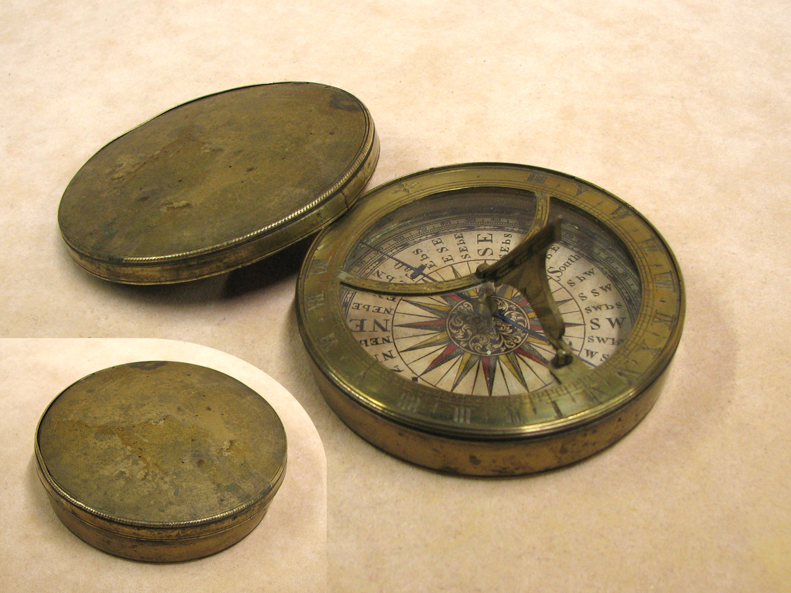 Genuine 18th century brass pocket sundial compass circa 1760